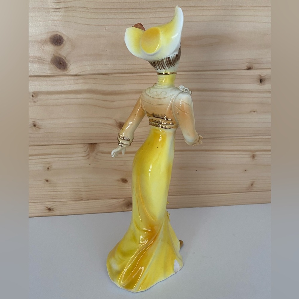 VINTAGE 10” Tall Victorian Lady Figurine Yellow Dress Golden Ruffled Accents - Picture 3 of 13